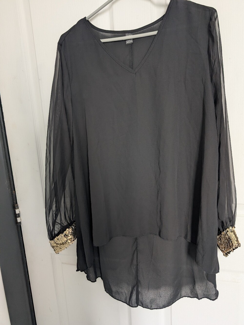 Black Long Sleeve V-Neck Chiffon Blouse with Sequin Cuffs